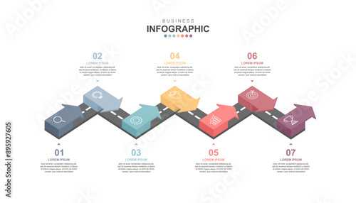 Infographic elements template, Business concept Timeline 7 steps, workflow layout, icons, diagram, report, web design. Creative, marketing data, vector.