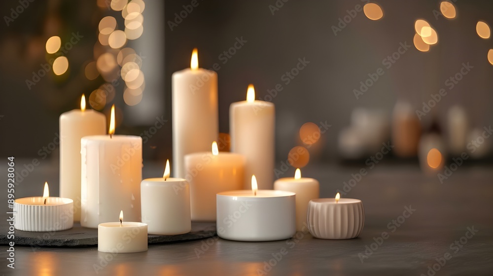 Burning candles with bokeh lights.