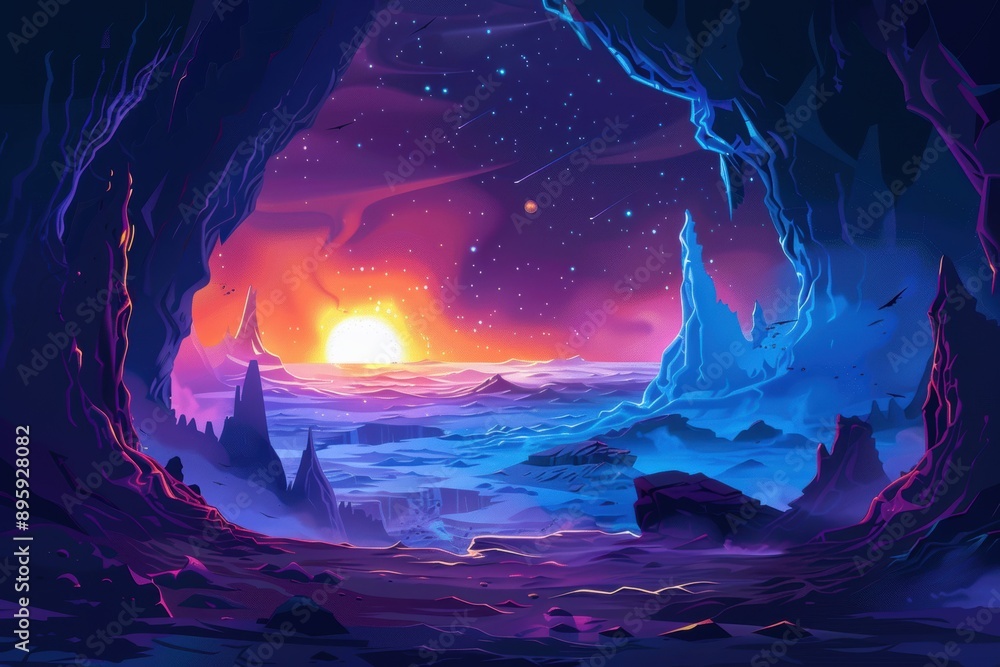 Fototapeta premium Mystical alien landscape with vibrant colors and glowing rocks