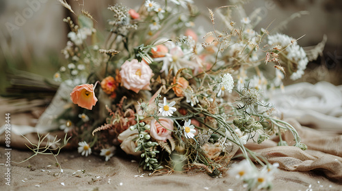 wedding flower bouquet on white table. rose flowers decoration, A luxurious delicate wedding bouquet of roses and eustom , elegant wedding bouquet of fresh natural flowers and greenery
 photo