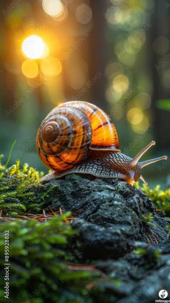 Fototapeta premium Detailed close-up of a snail on a moss-covered log with sunlight creating a warm, glowing background in a forest setting