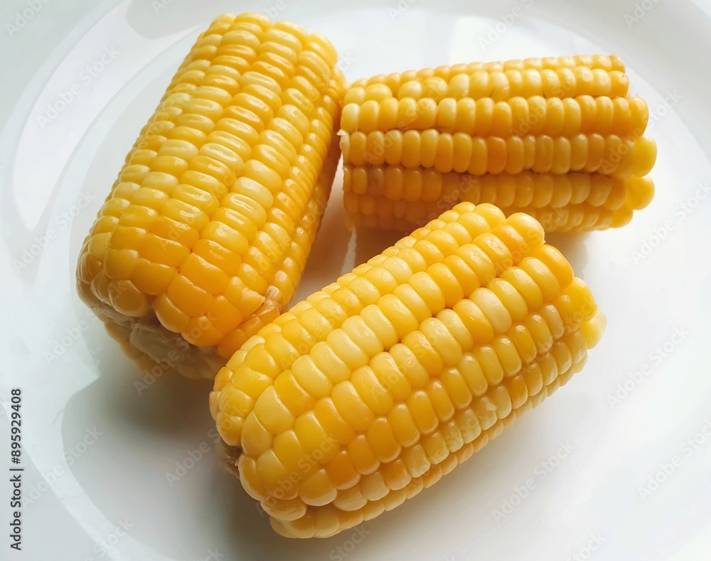 Cooked and cut corn on white plate Cooked and cut corn on white plate