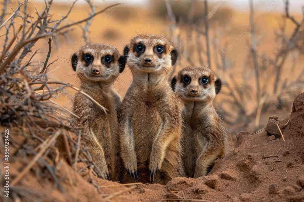 Three meerkats are perched on a mound in the desert, carefully observing their surroundings with heightened curiosity and alertness, emphasizing their vigilant behavior. Three meerkats are perched on a mound in the desert, carefully observing their surroundings with heightened curiosity and alertness, emphasizing their vigilant behavior.