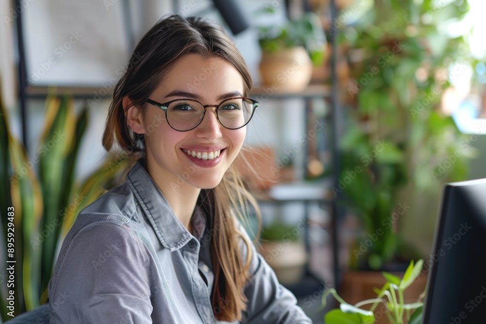 Portrait of a young smiling woman with glasses working in a modern office environment with plants. Generated AI Portrait of a young smiling woman with glasses working in a modern office environment with plants. Generated AI