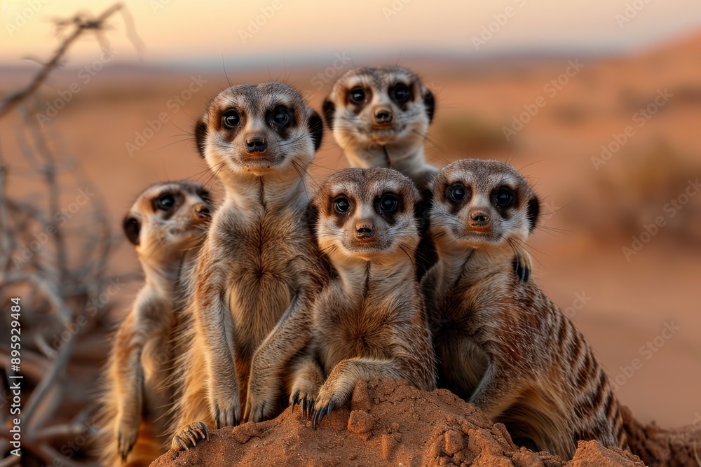 Four meerkats stand side by side on a sandy mound in the desert, showcasing their social bond and alert nature as they survey their surroundings with keen eyes. Four meerkats stand side by side on a sandy mound in the desert, showcasing their social bond and alert nature as they survey their surroundings with keen eyes.