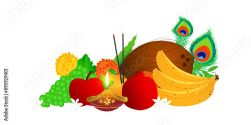 Vector illustration of flowers, fruits and diya on transparent background