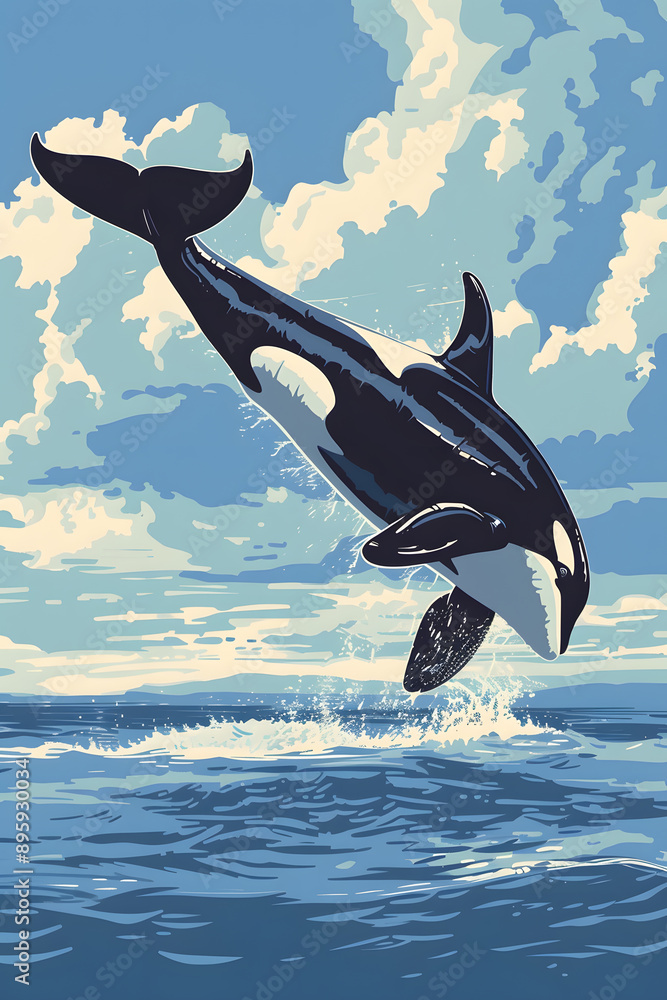 Fototapeta premium Travel poster illustration, Orca whale diving out of the water, blue skies and clouds Ocean Sea Natural 3D HD Wallpaper