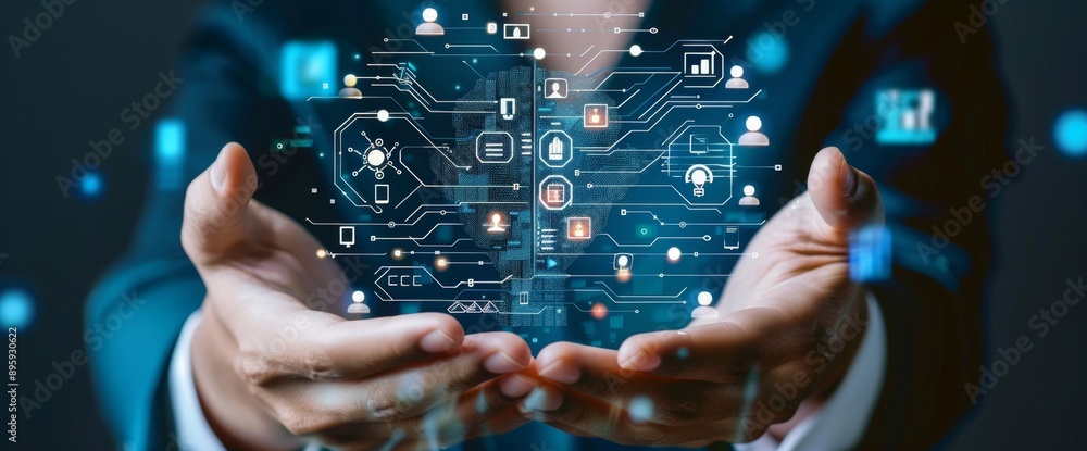 Businessman holding digital brain representing artificial intelligence Businessman holding digital brain representing artificial intelligence
