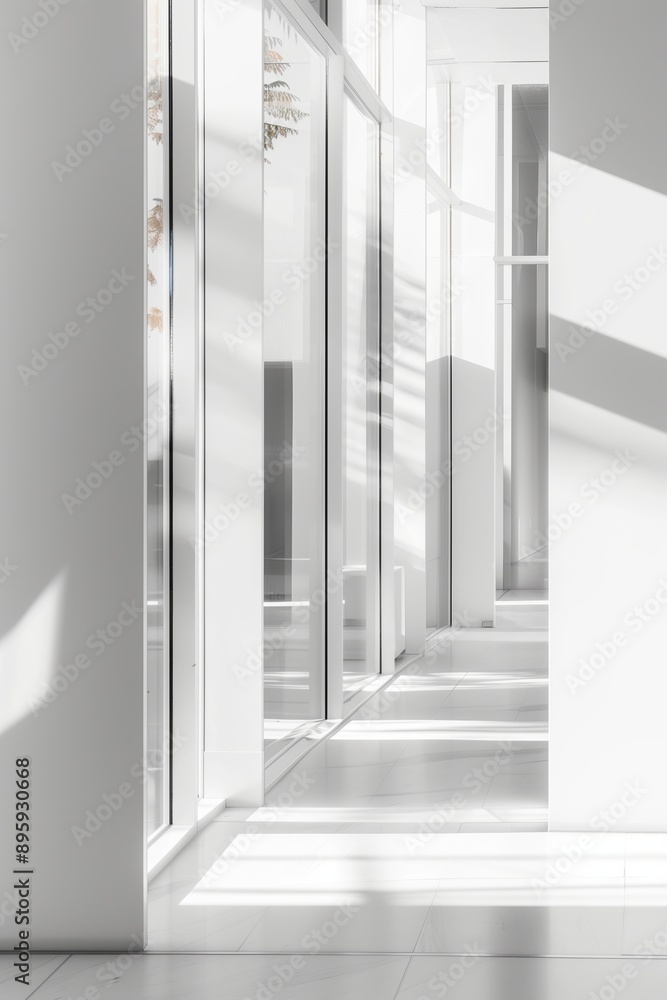 Obraz premium A modern minimalistic hallway featuring white light patterns and sleek architectural design elements.