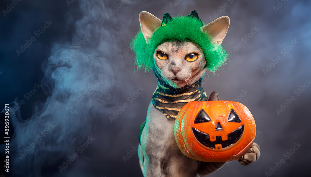 Naklejka premium halloween, katze, sphinx, kostüm, kürbis, jack, o, laterne, haltend, neu, tier, party, copy space, qualm, nebel, grau, grün, perücke, orange, abbildung, cartoons, 3d, glow, neon, farbe, ad, y2k, fall,