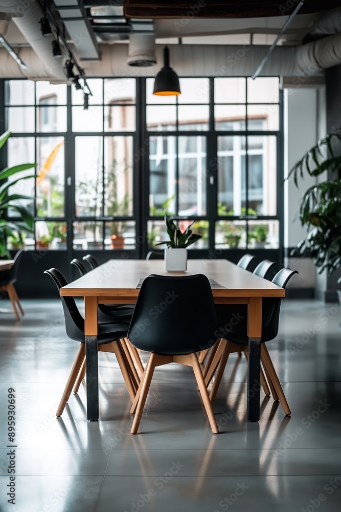 A spacious and light-filled dining room with a wooden table, black chairs, and large windows offering a view outside. A spacious and light-filled dining room with a wooden table, black chairs, and large windows offering a view outside.