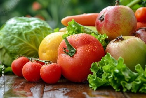 A close-up view of fresh vegetables including cabbage, tomatoes, and greens, on a wooden surface. photo