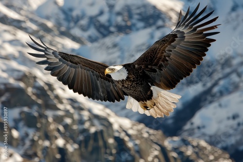 Capture of a bald eagle flying high above a snow-covered mountain landscape, emphasizing the bird's impressive wingspan and its adaptation to the wild.