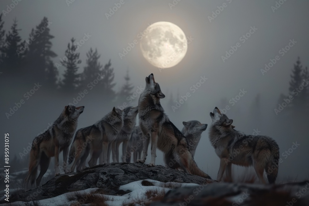 Naklejka premium A group of six wolves gathered on a rock, all howling together at the bright, full moon in a nighttime forest setting, with mist creating an eerie and enchanting atmosphere.