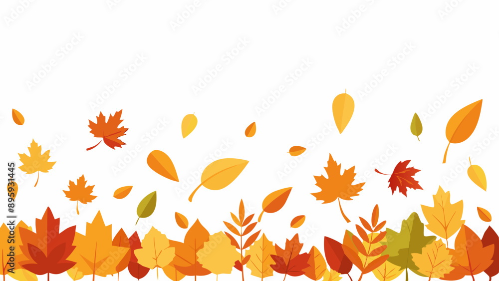 Fototapeta premium Autumn seasonal background with border made of falling autumn golden, red and orange colored leaves isolated on white background with place for text. Hello autumn vector illustration
