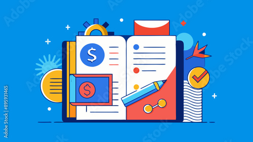 Creative contemporary collage artwork. Poster sketch of money payment for subscription inside notbook isolated on blue background. Vector illustartion