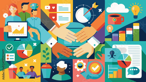 Business process. Contemporary art collage made of shots of hands working hardly isolated over colored background, Concept of art, finance, career, co-workers, team. Vector illustration