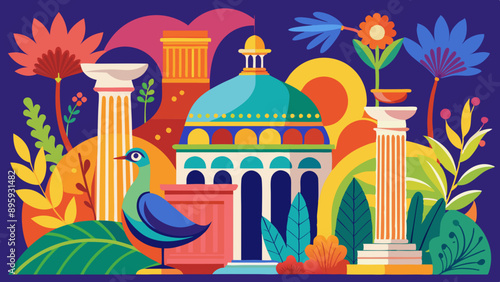 illustration of classical Roman flower vase with temple dome, bird and peacock for wallpaper