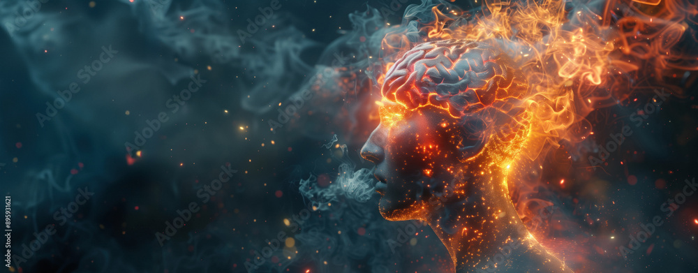 Man with head exploding in fire and smoke, brain made of energy glowing Man with head exploding in fire and smoke, brain made of energy glowing
