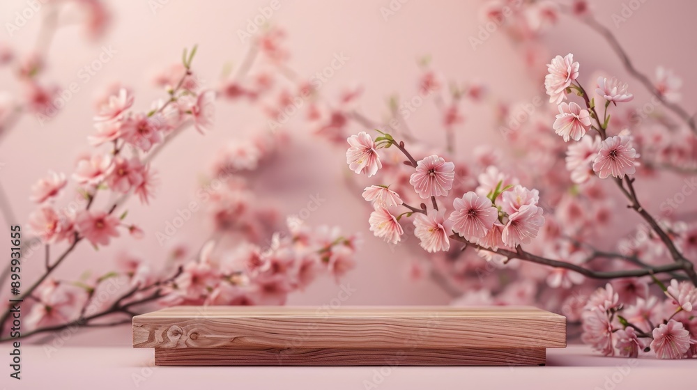 Fototapeta premium Delicate Cherry Blossoms Adorn a Peaceful Wooden Surface