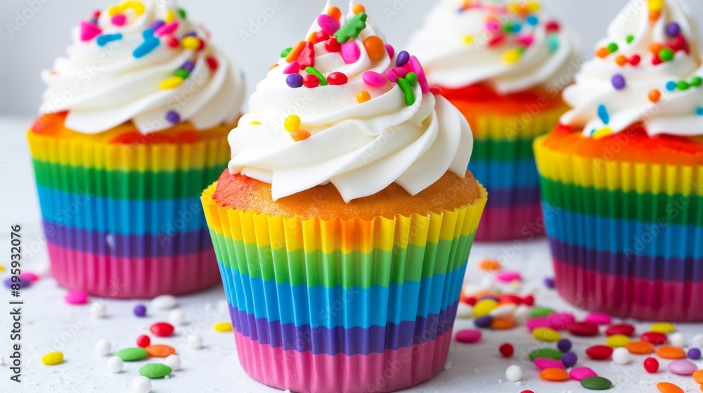 Rainbow cupcakes with colorful sprinkles on top Rainbow cupcakes with colorful sprinkles on top