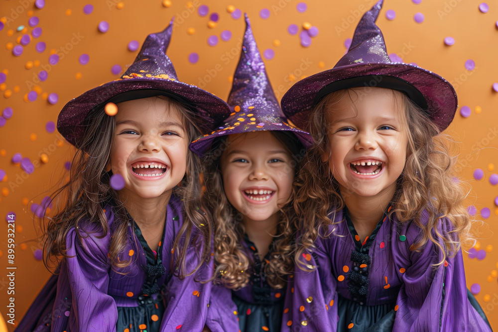 Happy cute little girl witches in purple and black robes, laughing with big smiles on their faces against the background of orange confetti flying around them Happy cute little girl witches in purple and black robes, laughing with big smiles on their faces against the background of orange confetti flying around them