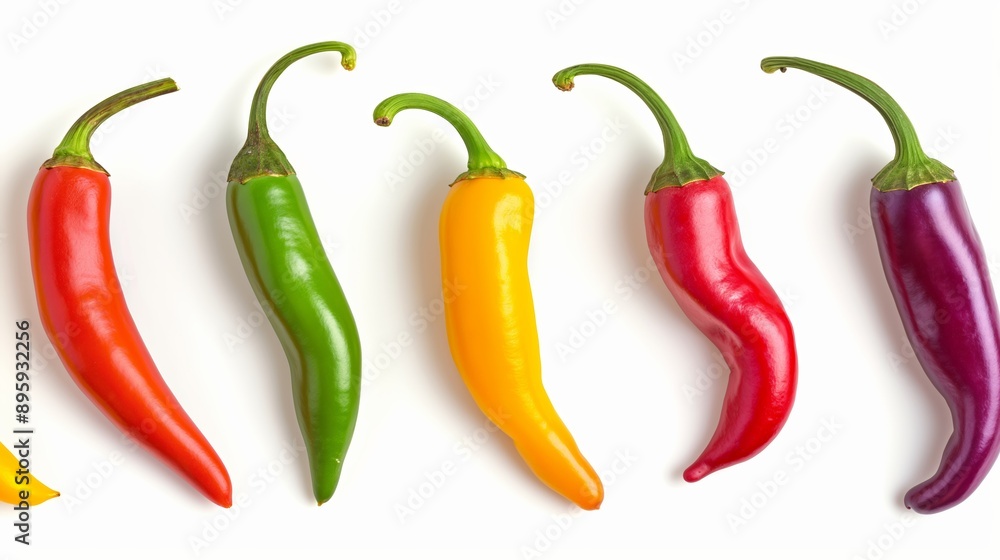 A row of peppers with different colors, including green, yellow, red, and purple. The peppers are arranged in a line, with the green one on the left and the purple one on the right A row of peppers with different colors, including green, yellow, red, and purple. The peppers are arranged in a line, with the green one on the left and the purple one on the right