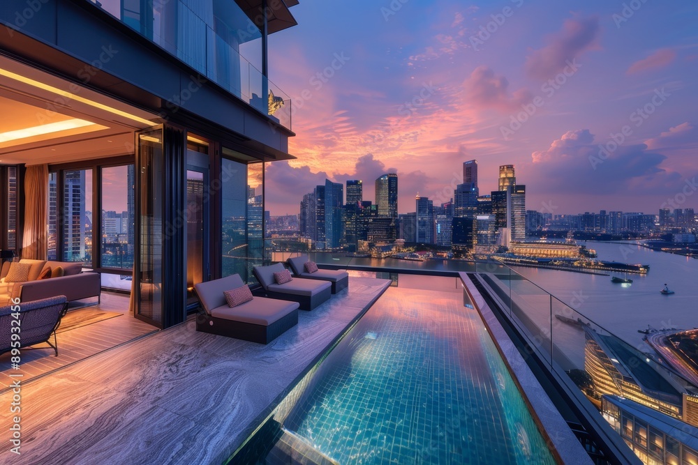 Obraz premium Rooftop Pool with City Skyline View.