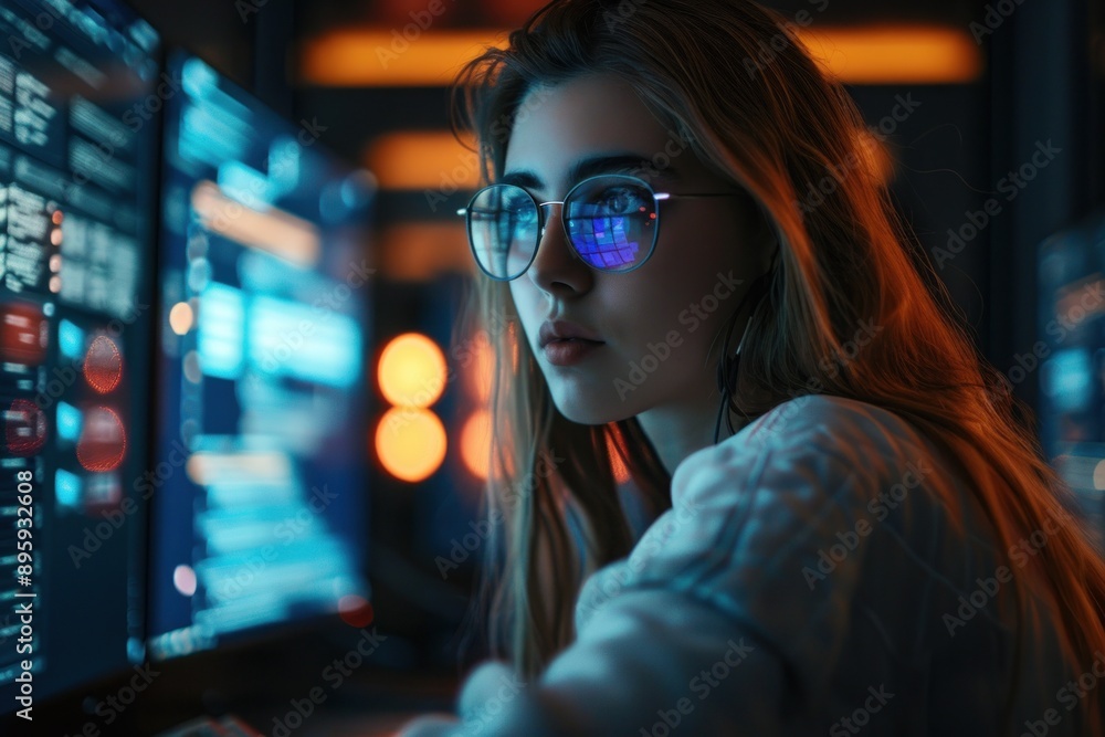 Focused female programmer working hard in a darkened office illuminated by the light of computer screens Focused female programmer working hard in a darkened office illuminated by the light of computer screens