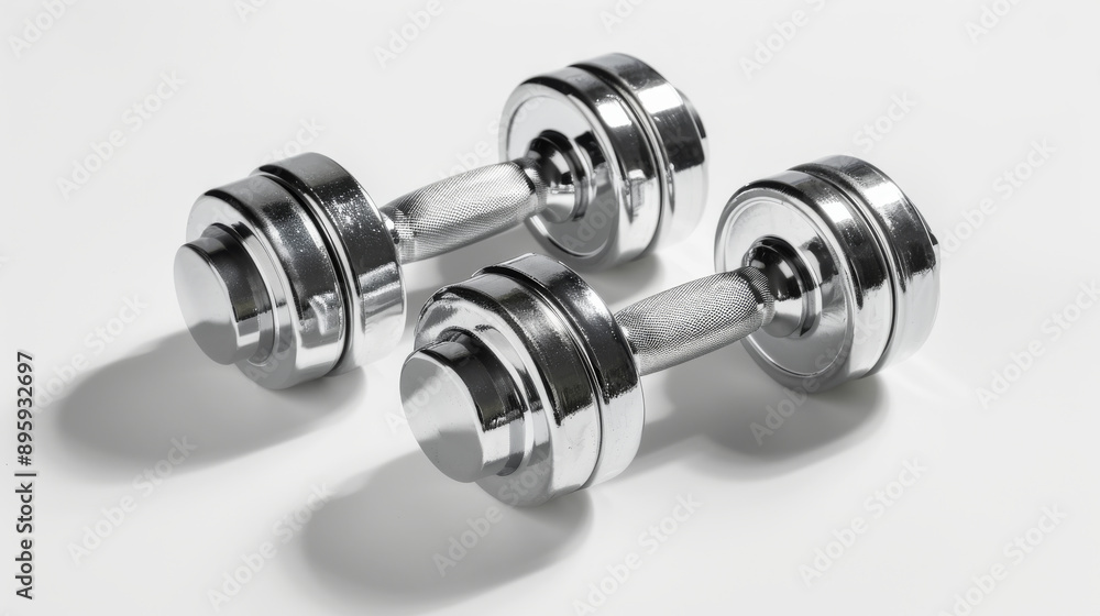 Two silver dumbbells on a white background Two silver dumbbells on a white background