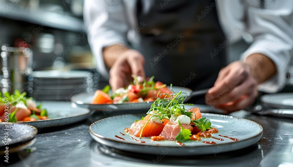 Chef plating salmon salad in restaurant kitchen Chef plating salmon salad in restaurant kitchen