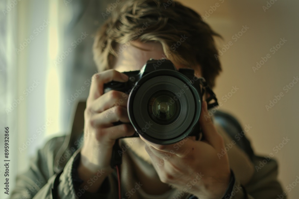 Frontal view of photographer holding camera to face, background softly town city blurred Frontal view of photographer holding camera to face, background softly town city blurred