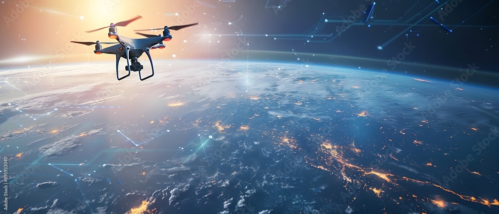Fototapeta premium Drone Flying Above Earth With Network Connections.