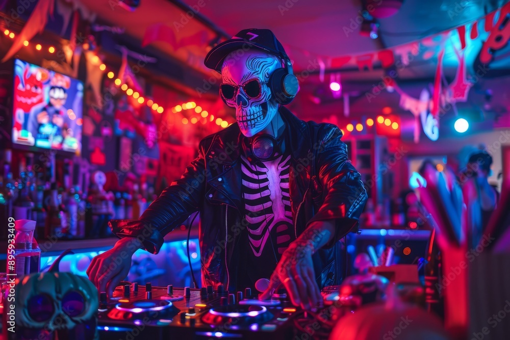 DJ with skull face paint performing at a Halloween party in a neon-lit club DJ with skull face paint performing at a Halloween party in a neon-lit club