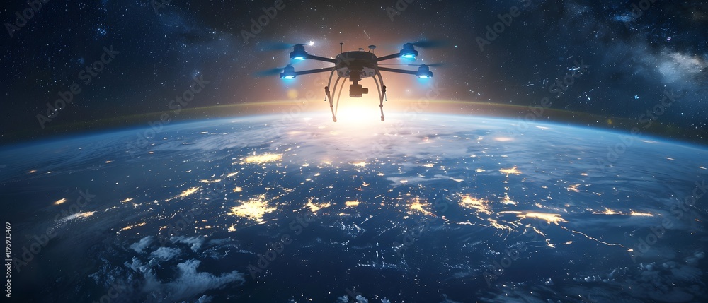 Naklejka premium Drone Flying Over Earth at Night.