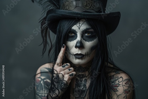 Woman with long black hair and skull face painting in various Halloween costumes at a studio, showcasing Halloween makeup and fashion.