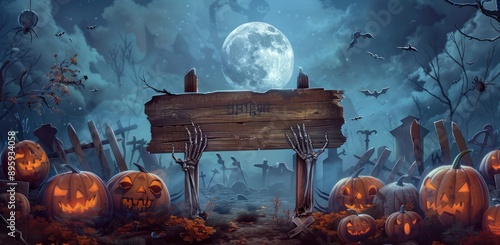 Halloween Card Party - Pumpkins And Zombies In Graveyard With Wooden Board