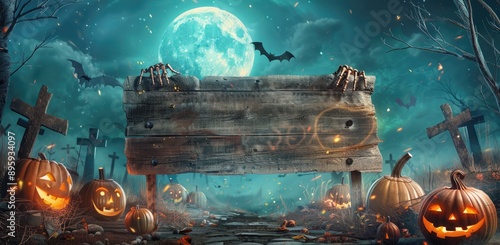 Halloween Card Party - Pumpkins And Zombies In Graveyard With Wooden Board