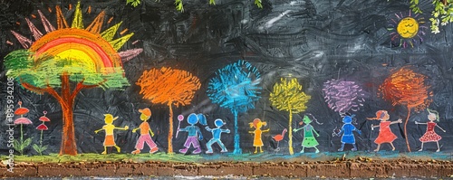 A whimsical chalk drawing of a group of children playing in a park.