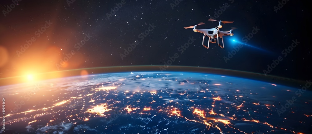 Drone Flying Over Earth at Sunset. Drone Flying Over Earth at Sunset.