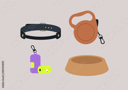 A Colorful Collection of Dog Walking Essentials, A black leather collar, a retractable leash, a poop bag holder and dispenser, and a brown dog bowl