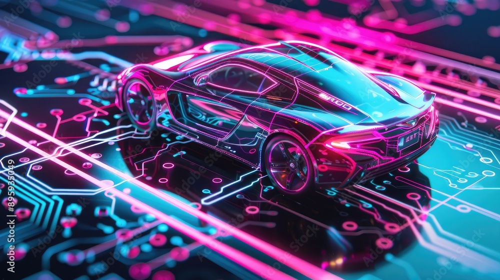 Futuristic car on a neon-lit circuit board, symbolizing advanced automotive technology and cybersecurity Futuristic car on a neon-lit circuit board, symbolizing advanced automotive technology and cybersecurity