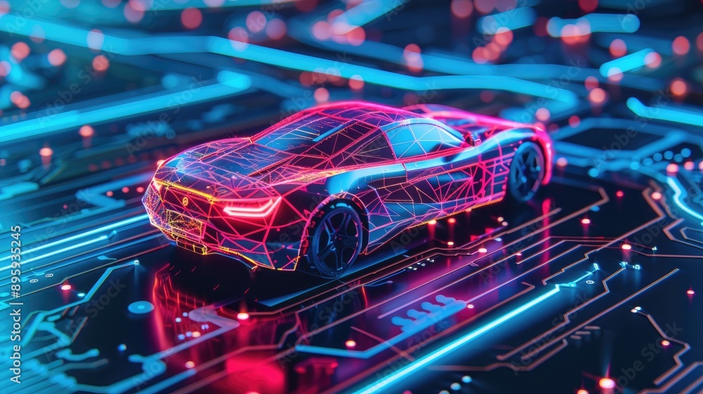 Futuristic car on a neon-lit circuit board, symbolizing advanced automotive technology and cybersecurity Futuristic car on a neon-lit circuit board, symbolizing advanced automotive technology and cybersecurity