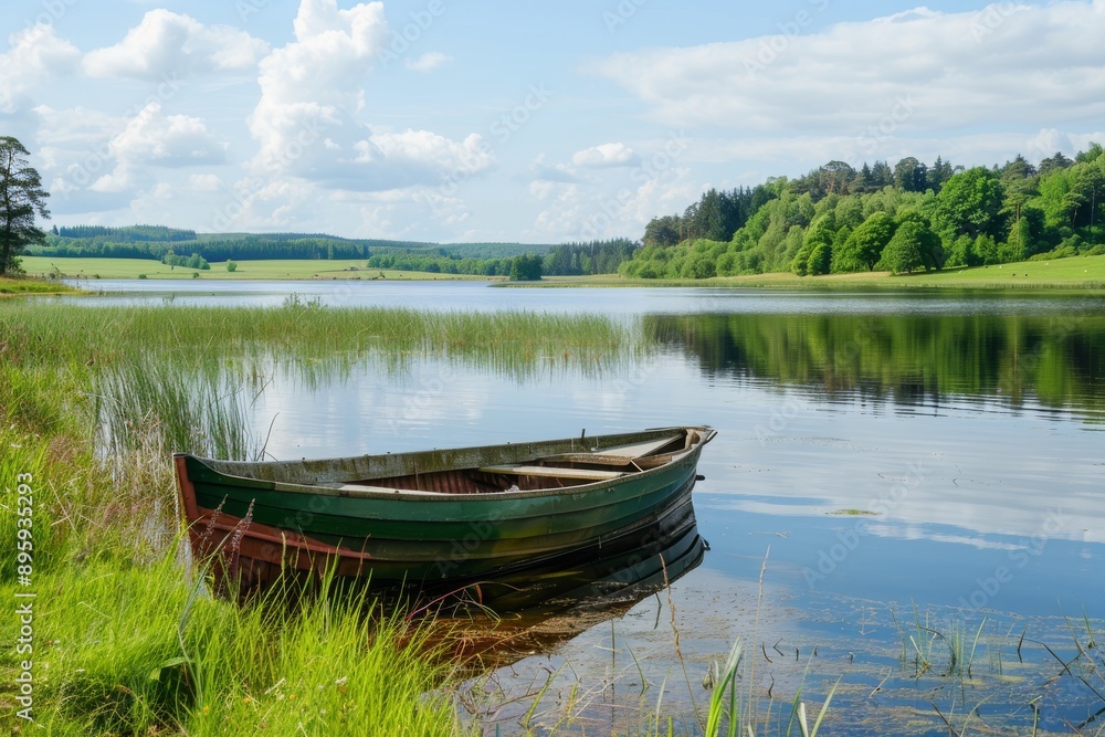 Tranquil lake scene with a small boat resting on the shore. Tranquil lake scene with a small boat resting on the shore.
