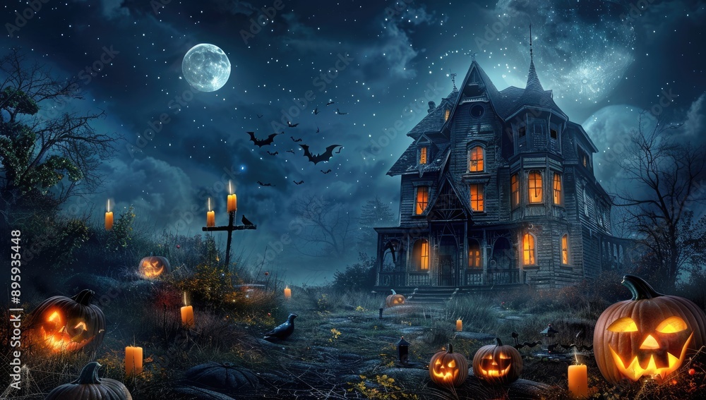 Halloween Scene: Moonlit Field and Haunted House with Pumpkins Halloween Scene: Moonlit Field and Haunted House with Pumpkins