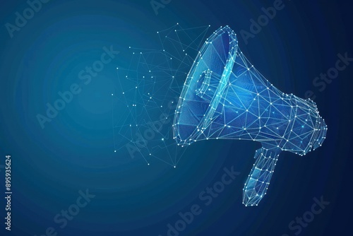 Megaphone. Low poly wireframe marketing blue background or concept with hand loudspeaker