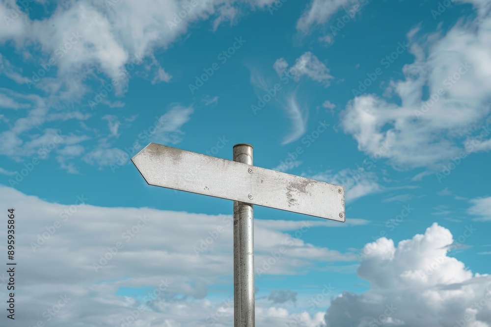 Metallic empty blank crossroad signpost mockup against blue sky and clouds Metallic empty blank crossroad signpost mockup against blue sky and clouds