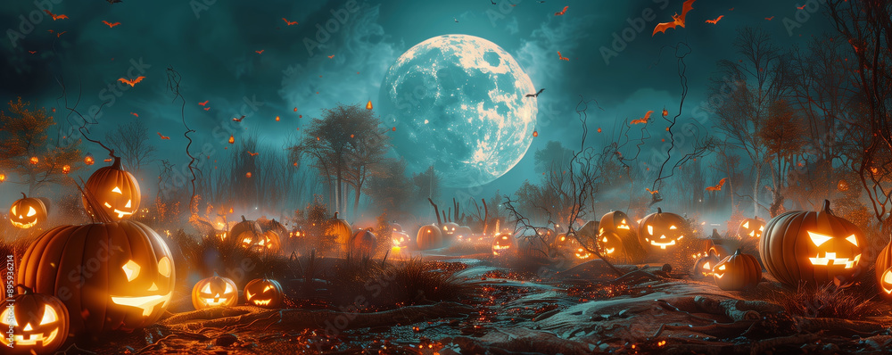 Fototapeta premium Halloween pumpkin in graveyard with fog and lights in the spooky night, Halloween backdrop. Background banner design with copy space for text