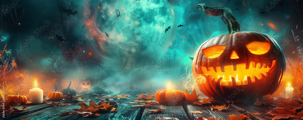 Naklejka premium A Spooky Halloween Scene with a Jack-O-Lantern On a Table in the Foreground, Lit by Candlelight. The Background Shows a Dark and Eerie Forest Under a Full Moon