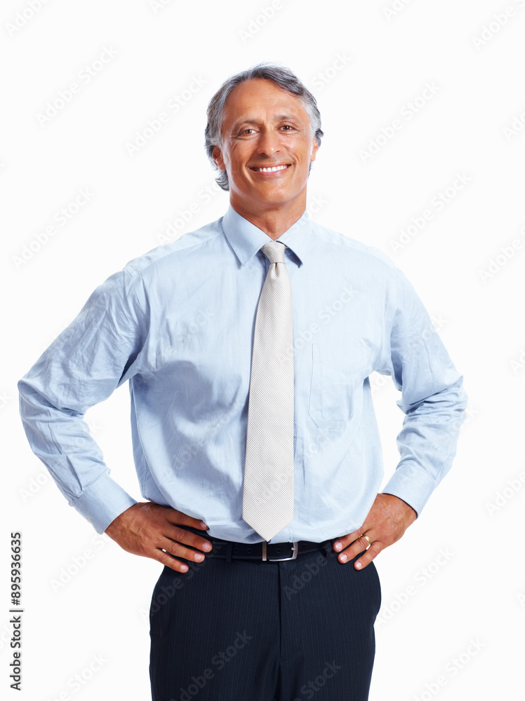 Portrait smile, mature businessman with leadership, confidence and trust for management in studio. Male CEO, happy boss and pride for experience, corporate and executive manager by white background Portrait smile, mature businessman with leadership, confidence and trust for management in studio. Male CEO, happy boss and pride for experience, corporate and executive manager by white background